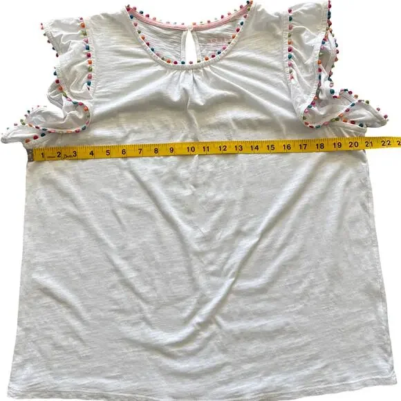 Boden White Pom Trim Ruffle Sleeve Cotton Top Size US 10 - Picture 8 of 9